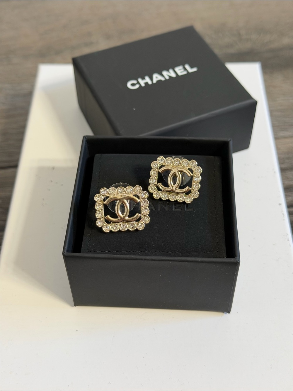 CHANEL Gold CC Square Crystal Stud Earrings